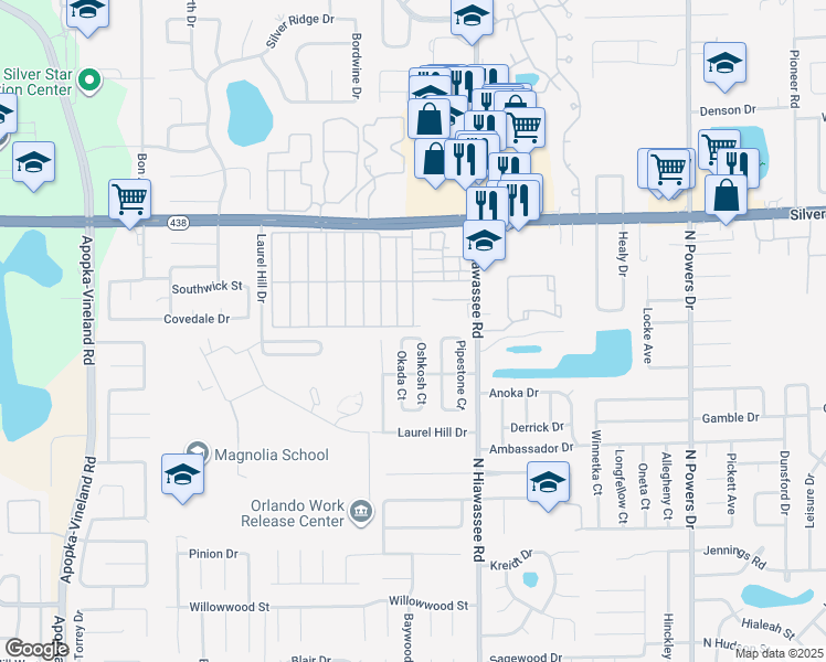 map of restaurants, bars, coffee shops, grocery stores, and more near 2288 Oshkosh Court in Orlando