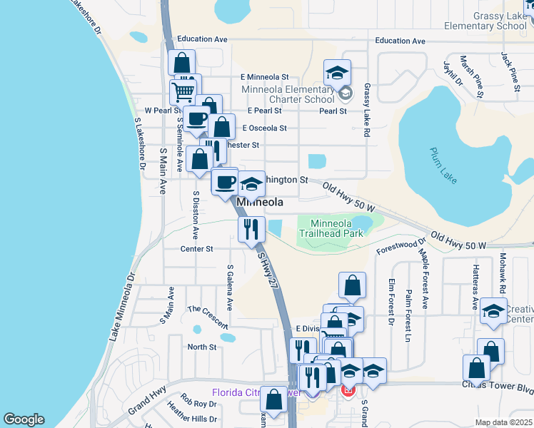 map of restaurants, bars, coffee shops, grocery stores, and more near 510 South Bloxam Avenue in Minneola