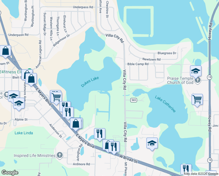 map of restaurants, bars, coffee shops, grocery stores, and more near 15525 Villa City Road in Groveland