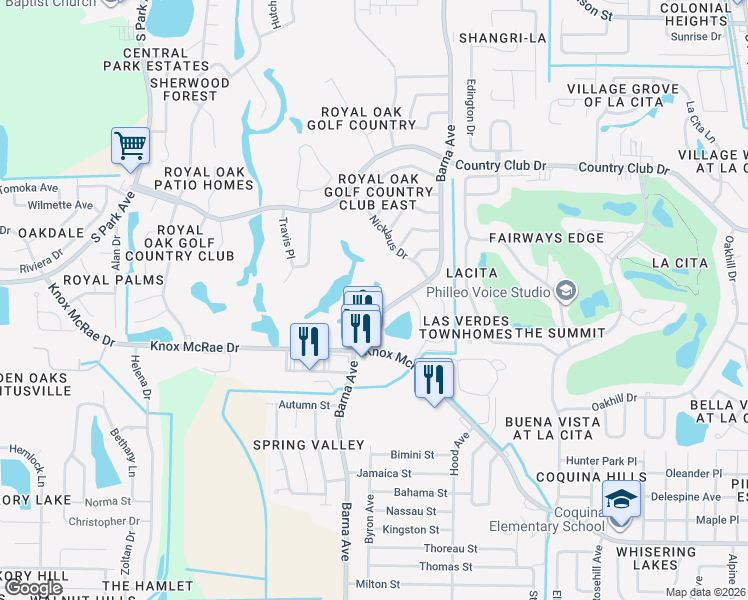 map of restaurants, bars, coffee shops, grocery stores, and more near 3680 Barna Avenue in Titusville