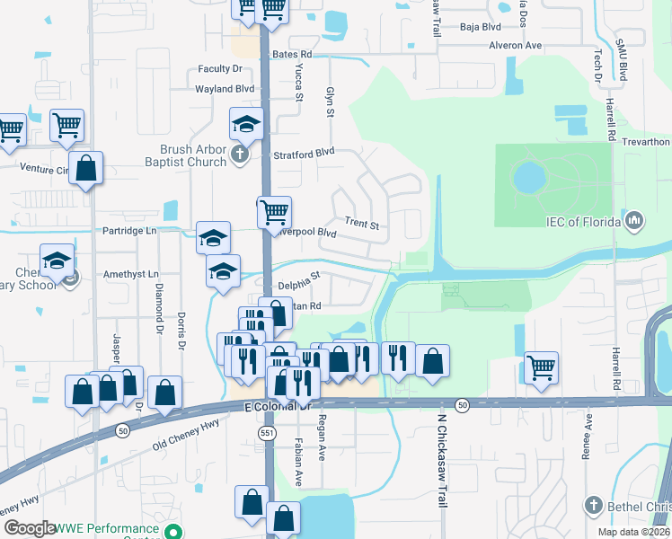 map of restaurants, bars, coffee shops, grocery stores, and more near 7710 Delphia Street in Orlando
