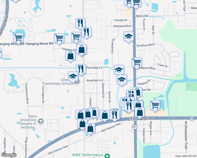 map of restaurants, bars, coffee shops, grocery stores, and more near 2017 Tropic Bay Court in Orlando