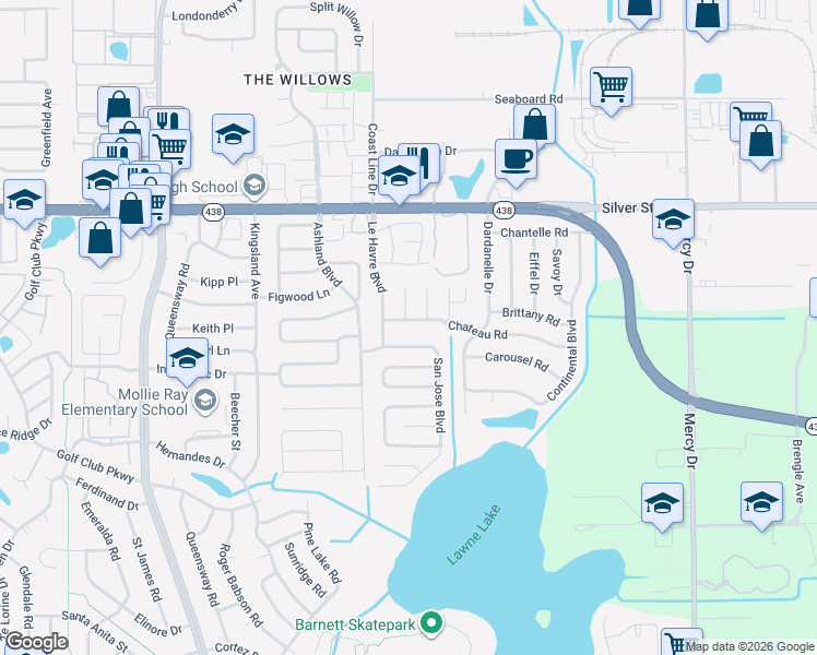 map of restaurants, bars, coffee shops, grocery stores, and more near 4587 Charleen Terrace in Orlando