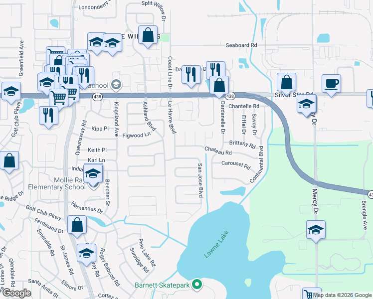 map of restaurants, bars, coffee shops, grocery stores, and more near 4587 Charleen Terrace in Orlando