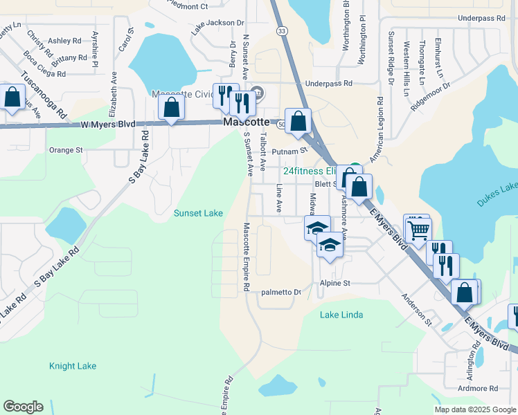 map of restaurants, bars, coffee shops, grocery stores, and more near 350 South Talbott Avenue in Mascotte