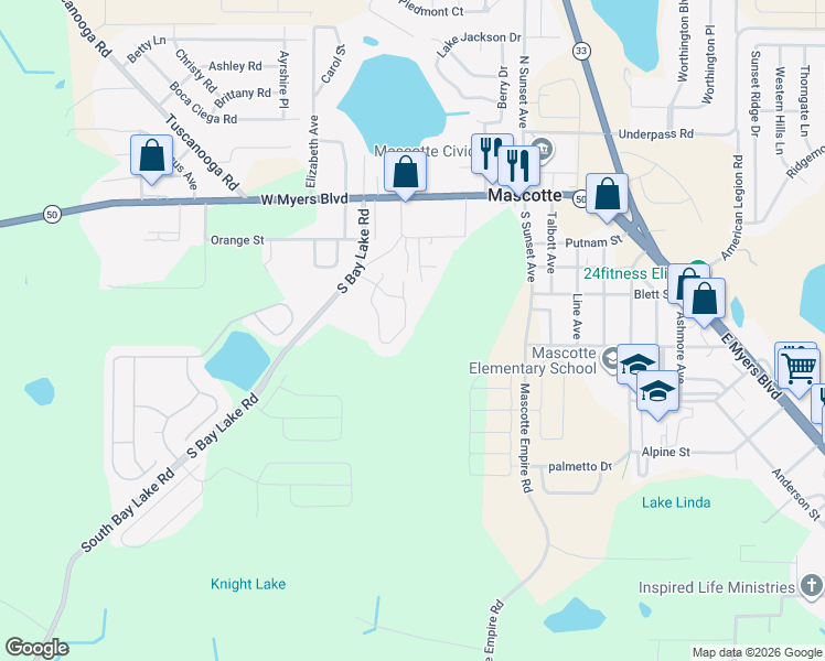 map of restaurants, bars, coffee shops, grocery stores, and more near 34 Bay Ridge Loop in Mascotte