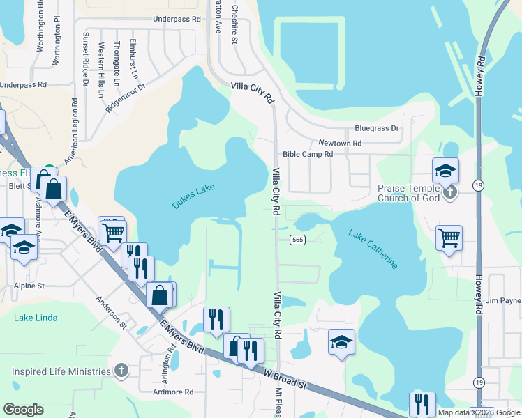 map of restaurants, bars, coffee shops, grocery stores, and more near 15525 Villa City Road in Groveland