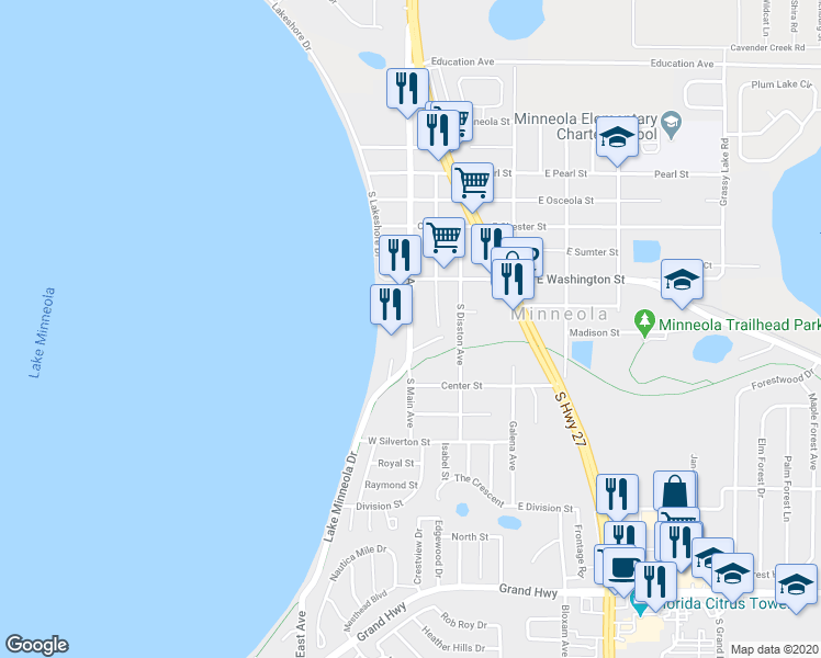 map of restaurants, bars, coffee shops, grocery stores, and more near South Main Avenue in Minneola