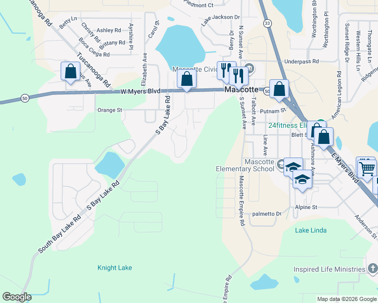 map of restaurants, bars, coffee shops, grocery stores, and more near 34 Bay Ridge Loop in Mascotte