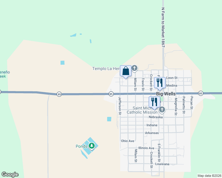 map of restaurants, bars, coffee shops, grocery stores, and more near Ranch Road 1867 in Dimmit County