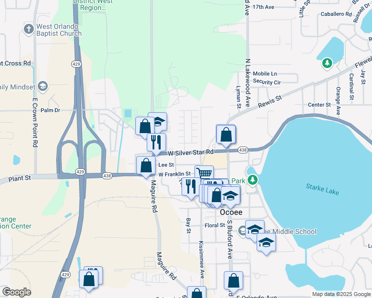 map of restaurants, bars, coffee shops, grocery stores, and more near 158 West Silver Star Road in Ocoee