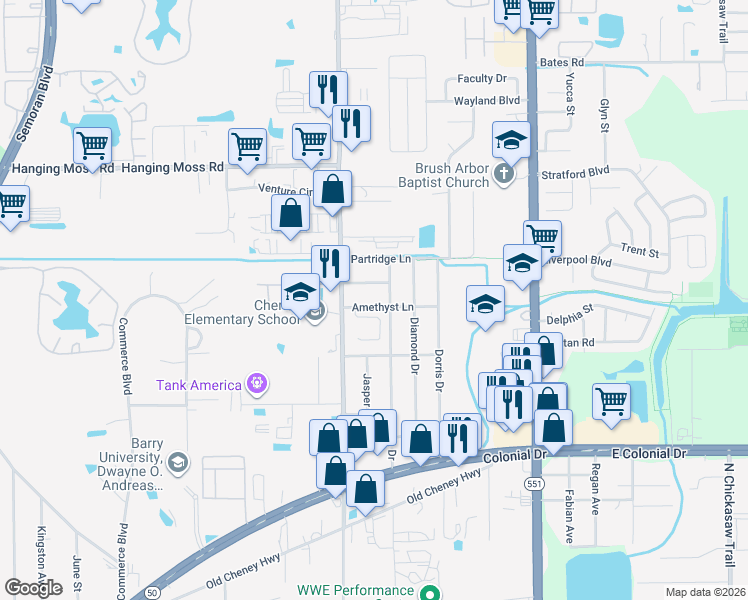 map of restaurants, bars, coffee shops, grocery stores, and more near 2017 Tropic Bay Court in Orlando