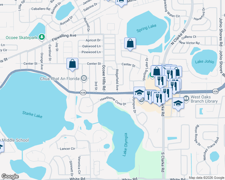 map of restaurants, bars, coffee shops, grocery stores, and more near 1178 Hawthorne Cove Drive in Ocoee