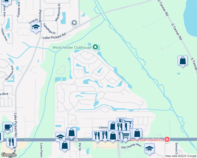 map of restaurants, bars, coffee shops, grocery stores, and more near 14336-14398 Pine Valley Road in Orlando
