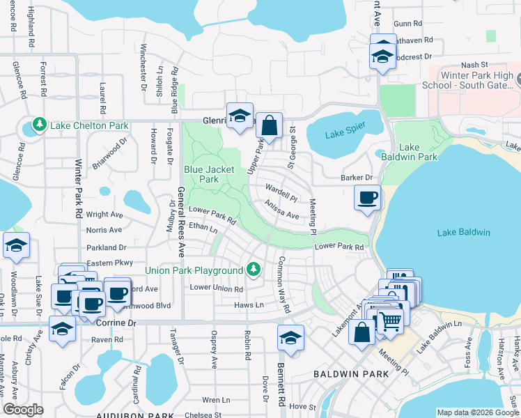 map of restaurants, bars, coffee shops, grocery stores, and more near 2561 Upper Park Road in Orlando
