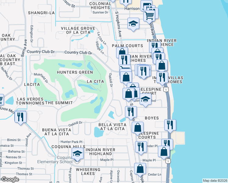 map of restaurants, bars, coffee shops, grocery stores, and more near 3610 Oakhill Drive in Titusville