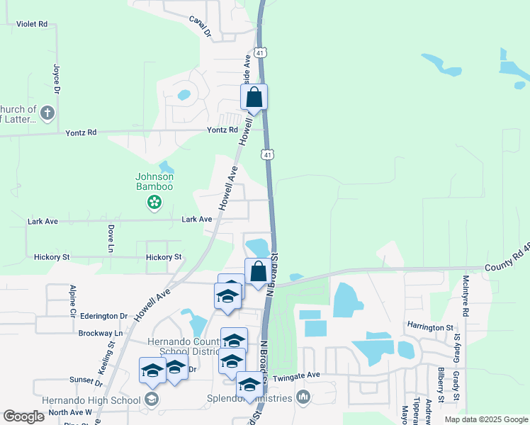 map of restaurants, bars, coffee shops, grocery stores, and more near 10129 Broad Street in Brooksville