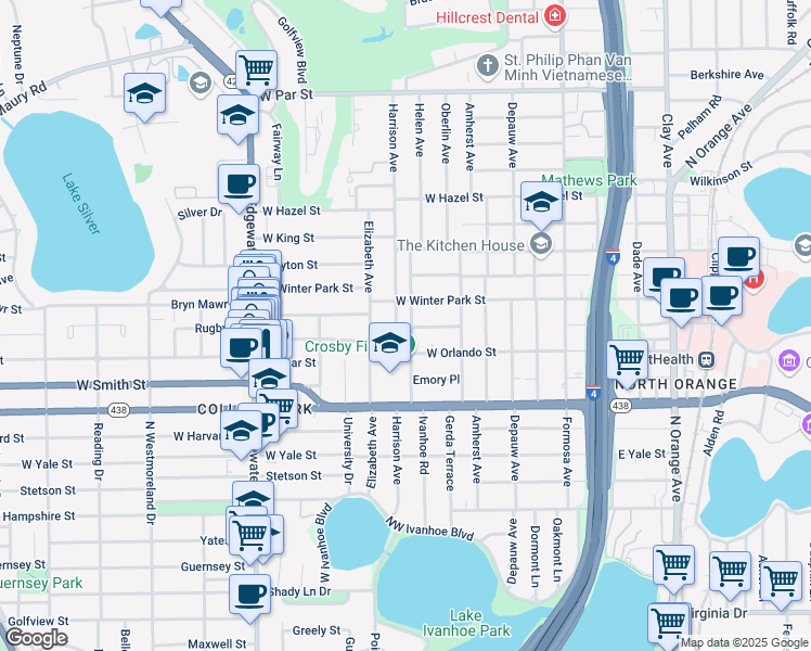 map of restaurants, bars, coffee shops, grocery stores, and more near 2500 Helen Avenue in Orlando