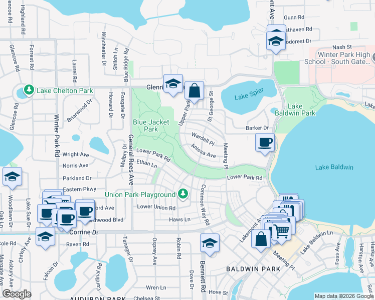 map of restaurants, bars, coffee shops, grocery stores, and more near 2561 Upper Park Road in Orlando