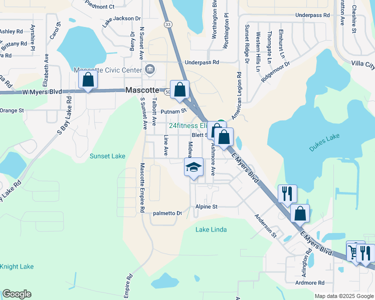 map of restaurants, bars, coffee shops, grocery stores, and more near 348 Midway Avenue in Mascotte