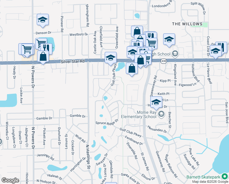 map of restaurants, bars, coffee shops, grocery stores, and more near 2203 Silver Pines Place in Orlando