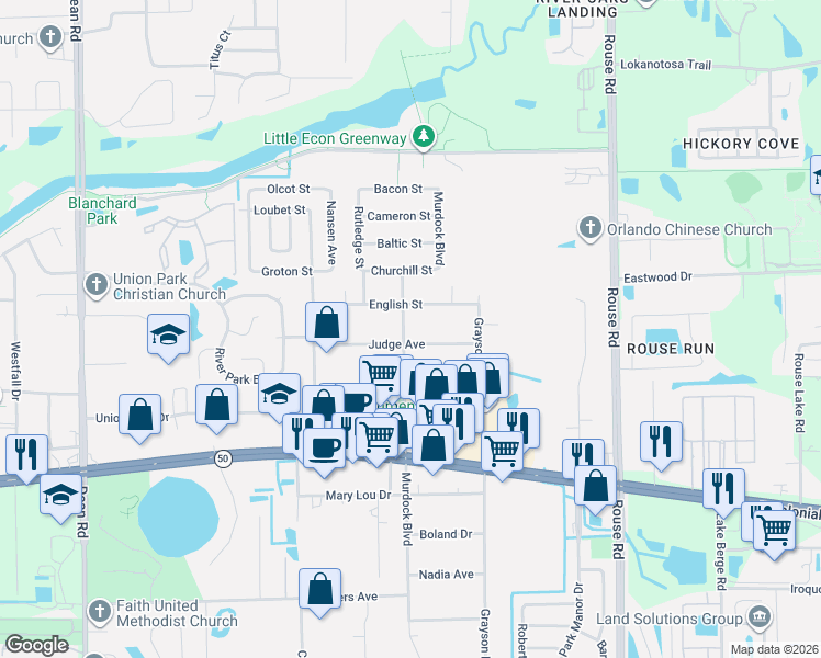 map of restaurants, bars, coffee shops, grocery stores, and more near 11600 Judge Avenue in Orlando