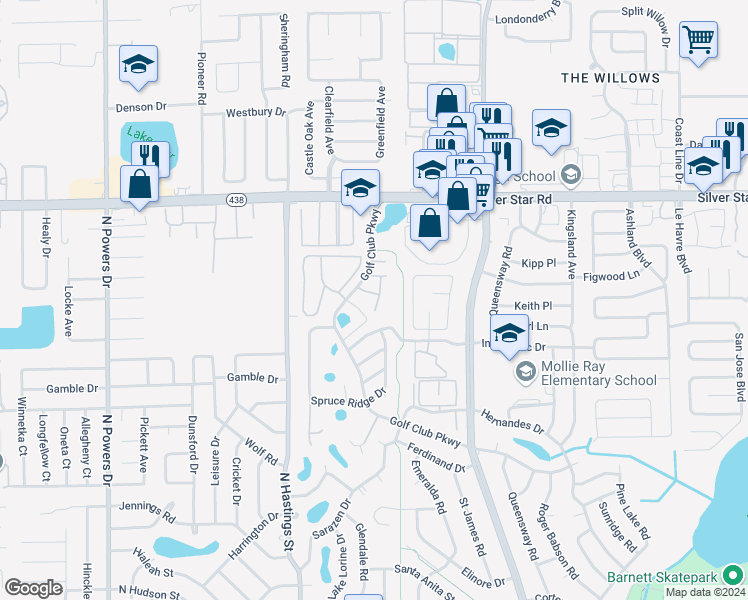 map of restaurants, bars, coffee shops, grocery stores, and more near 2203 Silver Pines Place in Orlando