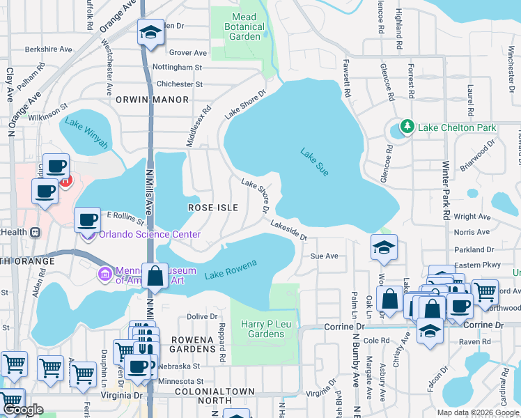 map of restaurants, bars, coffee shops, grocery stores, and more near 1900 Lakeside Drive in Orlando