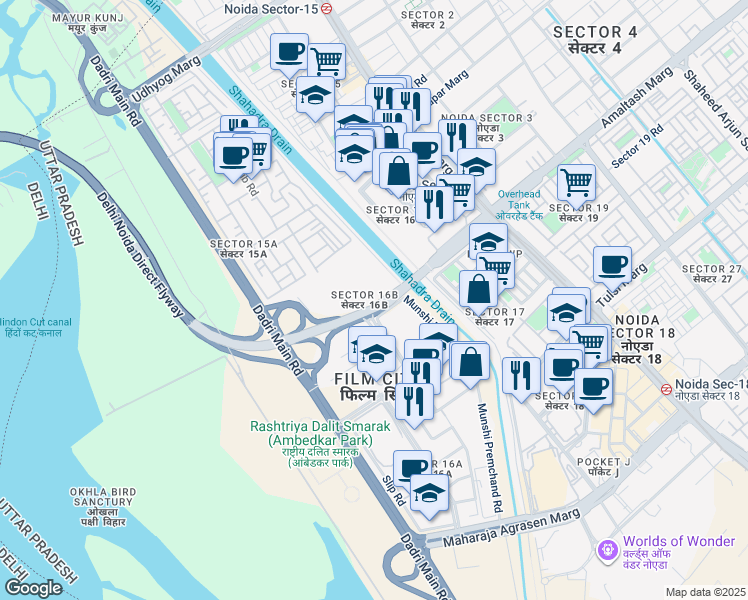 map of restaurants, bars, coffee shops, grocery stores, and more near in Noida