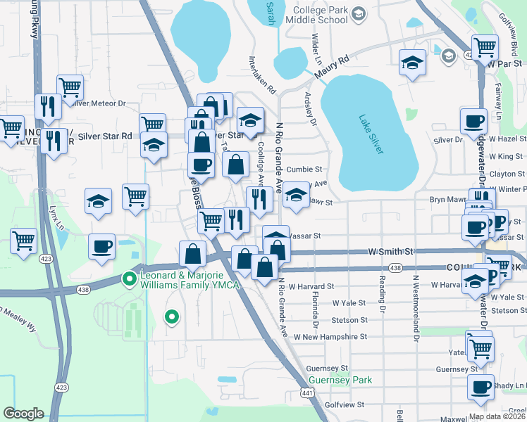 map of restaurants, bars, coffee shops, grocery stores, and more near 2539 Coolidge Avenue in Orlando