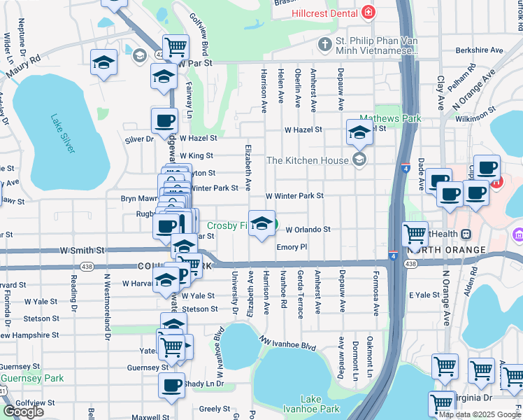 map of restaurants, bars, coffee shops, grocery stores, and more near 2500 Harrison Avenue in Orlando