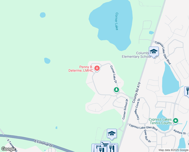 map of restaurants, bars, coffee shops, grocery stores, and more near 2116 Corner Point Court in Orlando