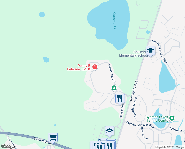 map of restaurants, bars, coffee shops, grocery stores, and more near 2116 Corner Point Court in Orlando