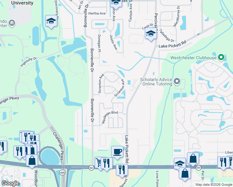map of restaurants, bars, coffee shops, grocery stores, and more near 13600 Wesleyan Boulevard in Orlando