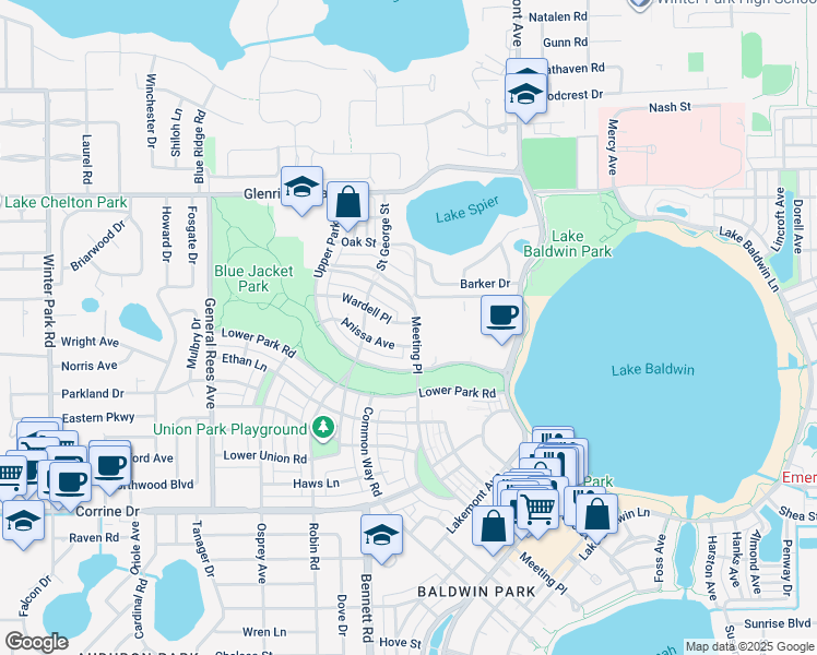 map of restaurants, bars, coffee shops, grocery stores, and more near 2301 Meeting Place in Orlando