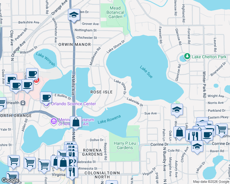 map of restaurants, bars, coffee shops, grocery stores, and more near 1717 Lake Shore Drive in Orlando