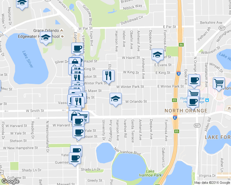 map of restaurants, bars, coffee shops, grocery stores, and more near 2500 Harrison Avenue in Orlando
