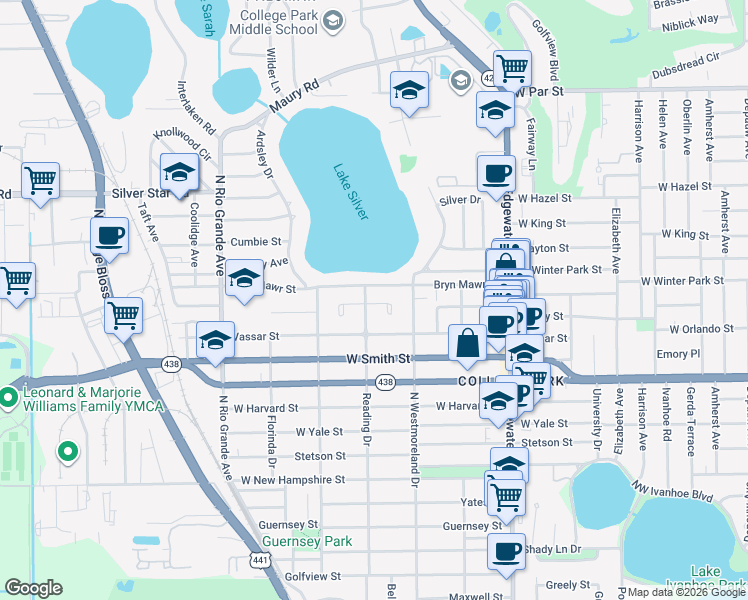 map of restaurants, bars, coffee shops, grocery stores, and more near 2416 Reading Drive in Orlando
