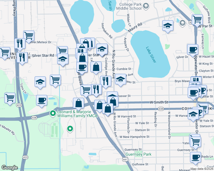 map of restaurants, bars, coffee shops, grocery stores, and more near 2539 Coolidge Avenue in Orlando