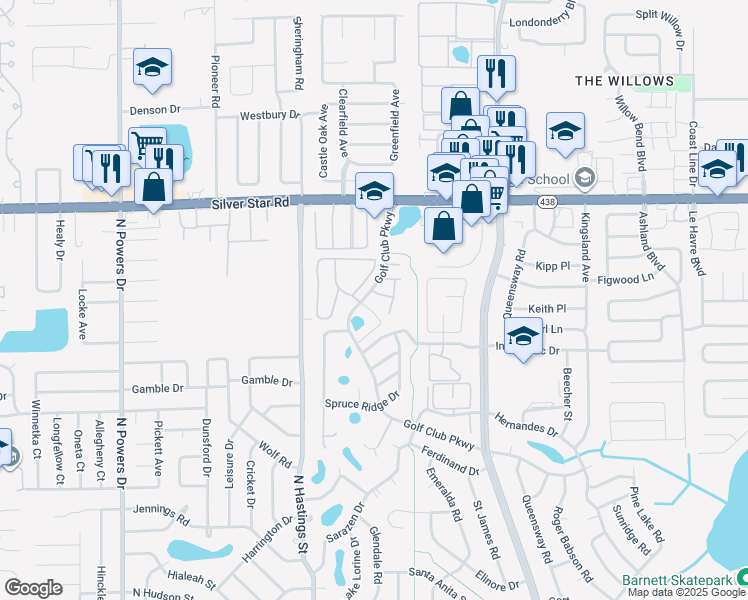 map of restaurants, bars, coffee shops, grocery stores, and more near 5803 Golf Club Parkway in Orlando