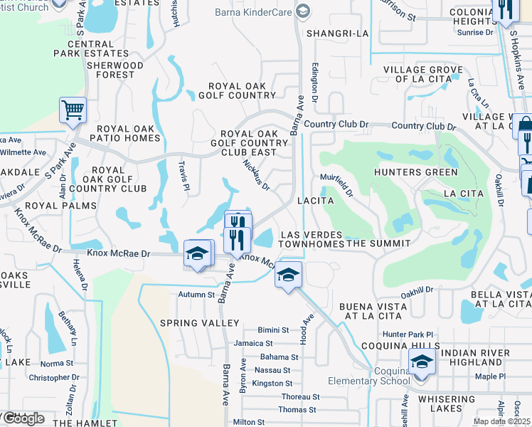 map of restaurants, bars, coffee shops, grocery stores, and more near 3662 Barna Avenue in Titusville