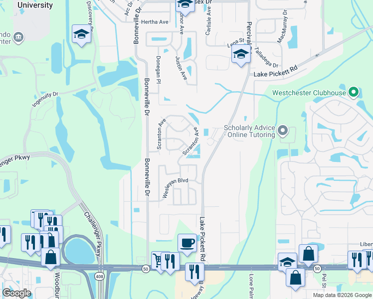 map of restaurants, bars, coffee shops, grocery stores, and more near 13600 Wesleyan Boulevard in Orlando