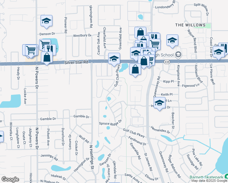 map of restaurants, bars, coffee shops, grocery stores, and more near 5803 Golf Club Parkway in Orlando