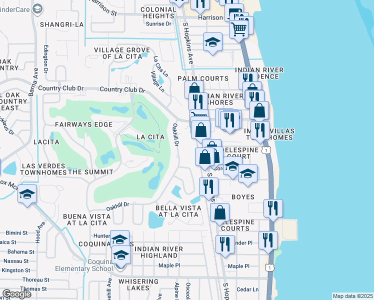 map of restaurants, bars, coffee shops, grocery stores, and more near 3535 Sable Palm Lane in Titusville