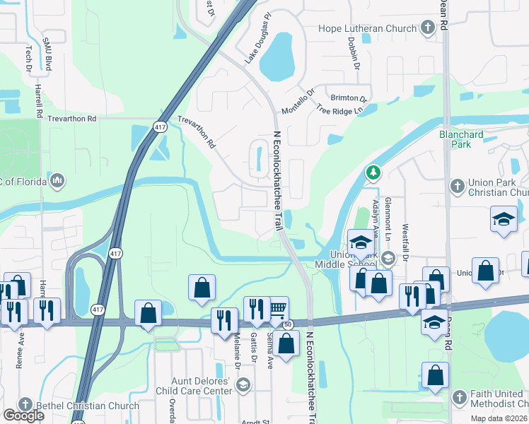 map of restaurants, bars, coffee shops, grocery stores, and more near 9417 Emily Loop in Orlando