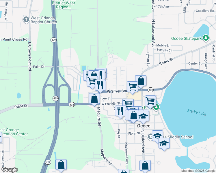 map of restaurants, bars, coffee shops, grocery stores, and more near 325 Ocoee Apopka Road in Ocoee