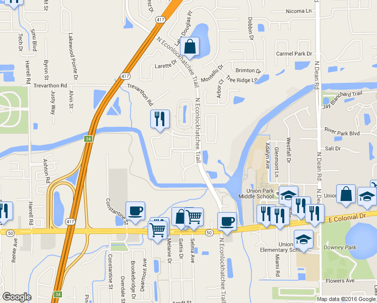 map of restaurants, bars, coffee shops, grocery stores, and more near 9417 Emily Loop in Orlando