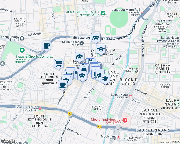 map of restaurants, bars, coffee shops, grocery stores, and more near A-275 Bhishma Pitamah Marg in New Delhi