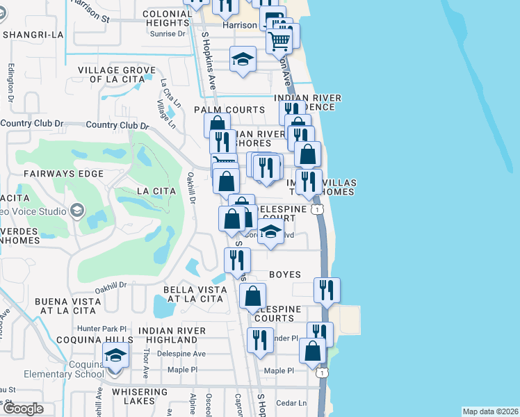 map of restaurants, bars, coffee shops, grocery stores, and more near 249 Narvaez Drive in Titusville
