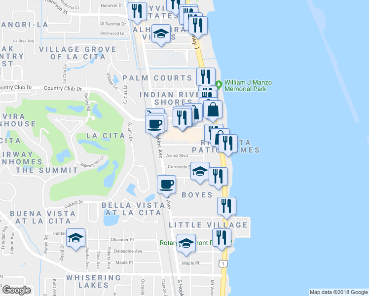 map of restaurants, bars, coffee shops, grocery stores, and more near 249 Narvaez Drive in Titusville